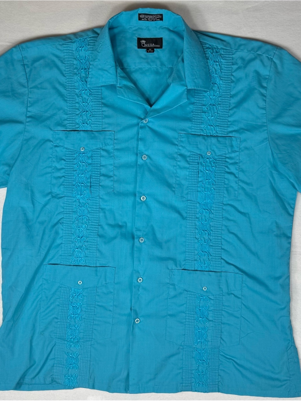 Omega Men's Embroidered Guayabera Shirt in Turquoise